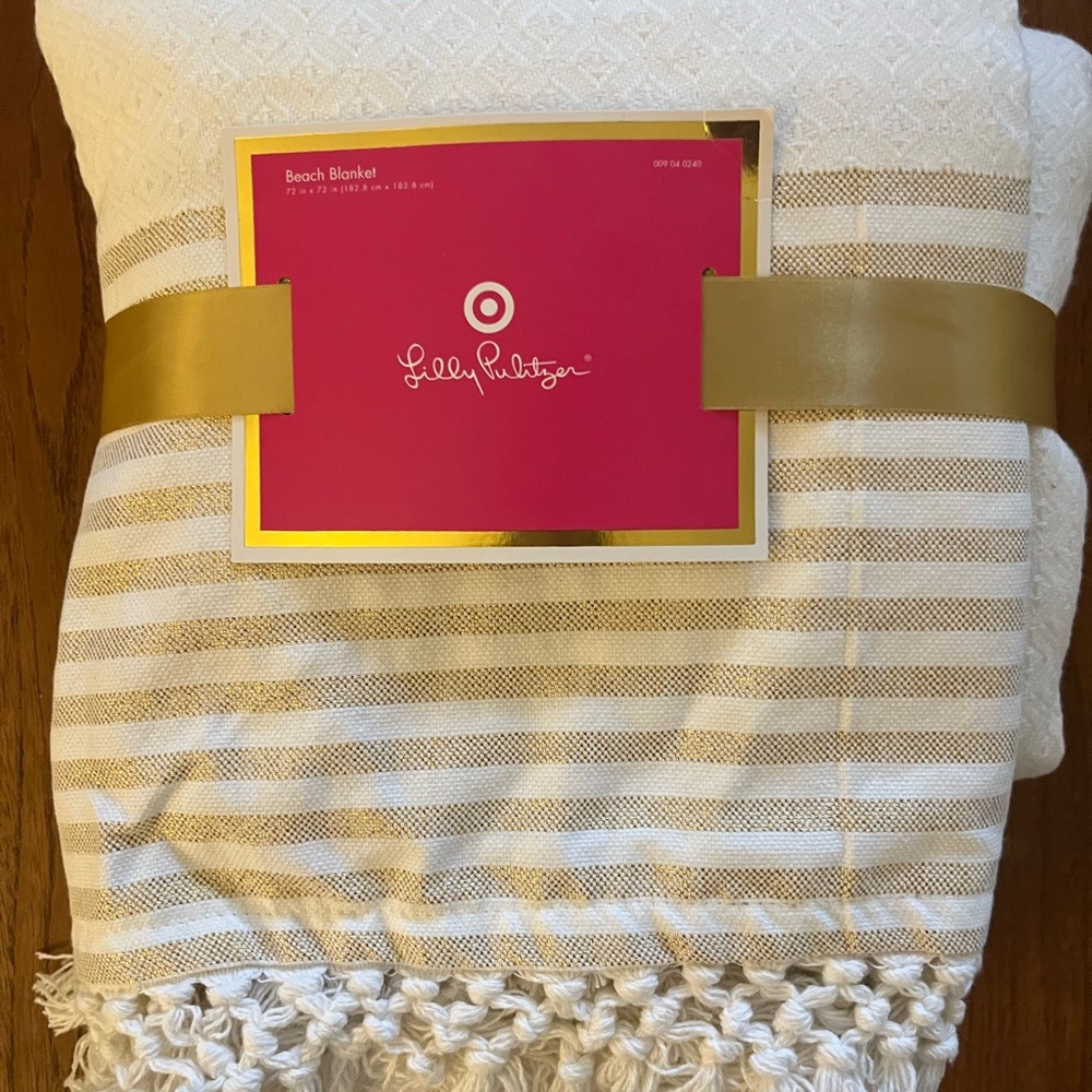 Lilly Pulitzer White Beach Blanket with Gold Accents